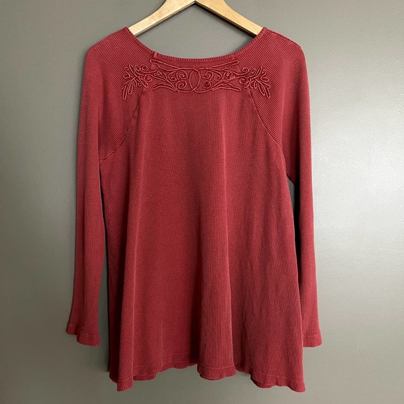 Soft Surroundings Camden Thermal Long Sleeve Top Size Small Embroidered Rust Red - Picture 10 of 13